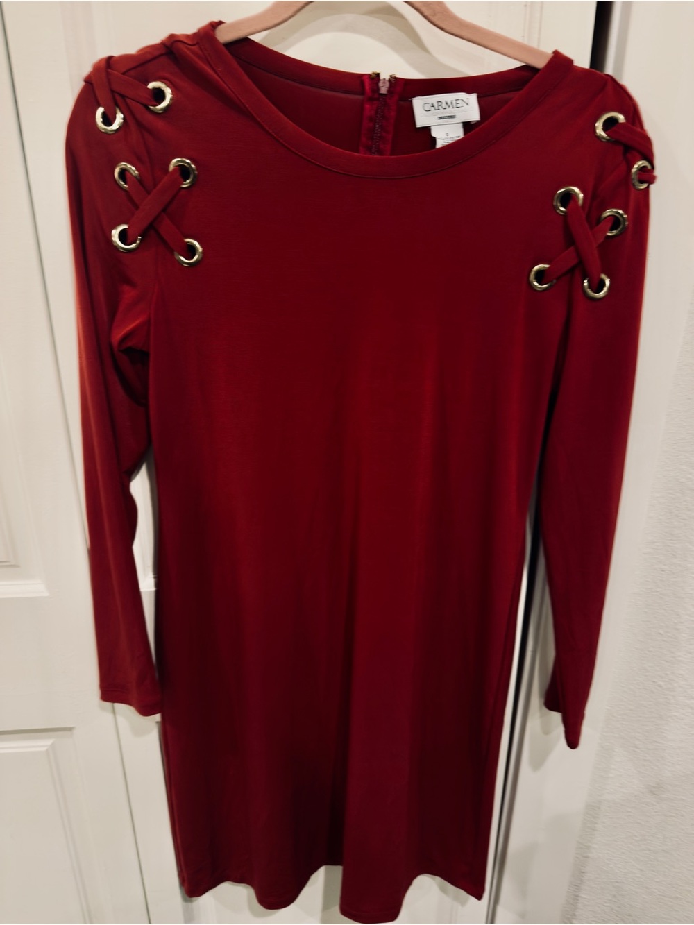 Carmen Marc Valvo Vintage Red Long-Sleeve Grommet Lace-Up Dress